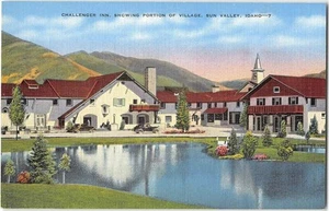 Sun Valley, Idaho CHALLENGER INN Skigebiet 1940er Leinen Vintage Postkarte - Bild 1 von 2