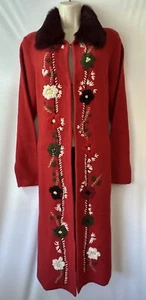 Red Floral Embroidered Wool Cardigan w/ Real Fur Collar By Michael S/M - Picture 1 of 14