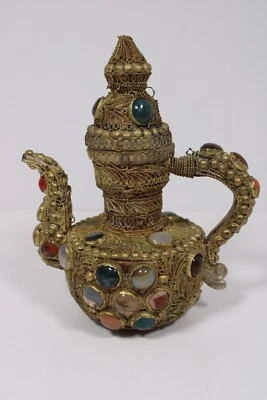 古董提贝坦铜 TEAPOT 镀金银丝,镶嵌带宝石 — 第 1/4 张图片
