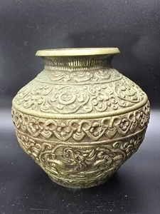 Antique Brass Vessel With Dragons Hand Made Asian - Picture 1 of 24