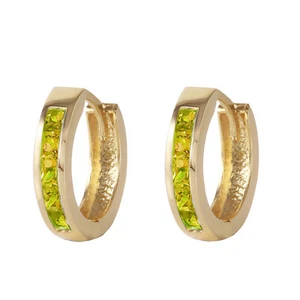 14K. SOLID GOLD HOOP HUGGIE EARRING WITH PERIDOTS (Yellow Gold) - Picture 1 of 7
