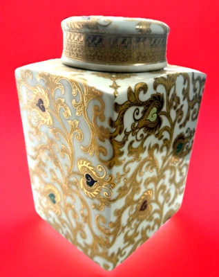 Tarro rectangular de porcelana china con tapa, decoración esmaltada, esmaltado Celadon, marca roja Foto 1 de 4