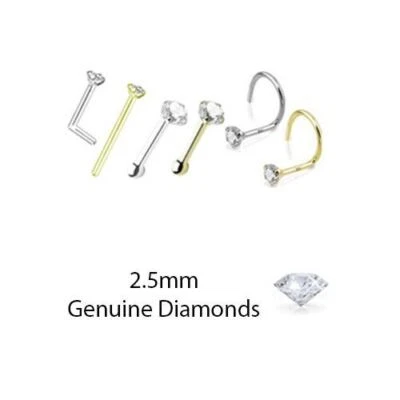 2.5mm Genuine Real Diamond Nose Ring Stud L Bend Screw Yellow Gold White Gold - Image 1 of 2