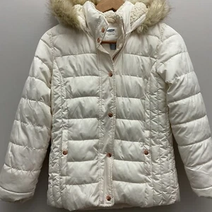Old Navy Frost Free White Fleece Lined Puffer Jacket Fur Hood Girls XL Sz 14 - Picture 1 of 6