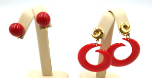 Vintage AVON 1980's Red Swirl Hoops & Red Marble Ball Gold Tone Clip-On Earrings
