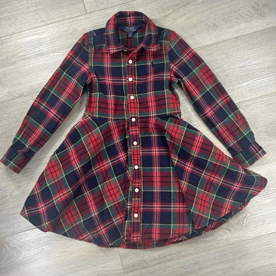 Vestido polo feminino Ralph Lauren tamanho 5 vermelho tartan xadrez Natal botão para cima - Imagem 1 de 4