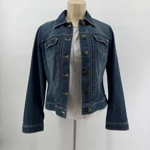 Chicos Platinum Denim Jacket Womens 1 US Medium Blue Stretch Pockets Snap Up - Picture 1 of 13