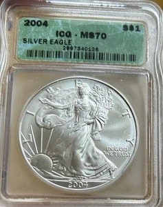 2004 $1 American Silver Eagle 1 Oz ICG MS70 Green Label - Picture 1 of 2