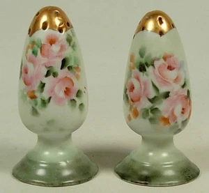 BAVARIA HAND PAINTED PORCELAIN SALT & PEPPER SHAKERS PINK GREEN GOLD - Picture 1 of 4