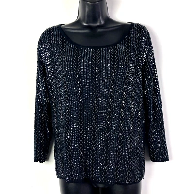 Belford M Suéter Negro Cuentas Lentejuelas Seda Jersey Cóctel Manga 3/4 Formal Foto 1 de 4