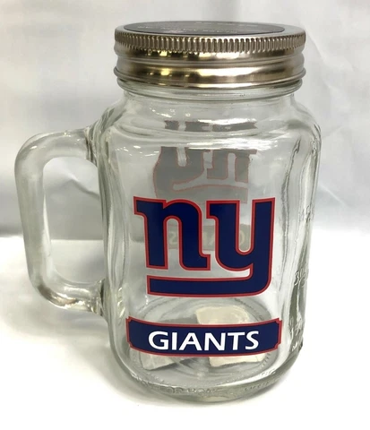 NY GIANTS 20 OZ MASON JAR GLASS WITH LID FRONT / BACK LOGO Cover