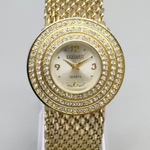 Kessaris Watch Women 34mm Crystal Gold Tone Bling Crystals New Battery 6.75" - Picture 1 of 16