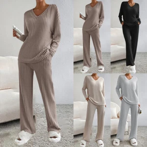 Womens Knitted Pyjamas Casual Loose Sports Suit Ribbed Co-ord Tracksuit Homewear - Picture 1 of 16