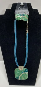 Sapphire Turquoise Blue/Green Enamel & Glass Pendant Necklace & Earrings  - Picture 1 of 5