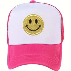 Kawaii Smiley Happy Face Mesh Neon Pink Trucker Hat 918 - Picture 1 of 9