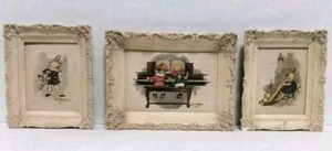 VTG Miniature Canvas Art Print Set Of 3 Children Musicians 50s MCM Frame Lowell - Picture 1 of 6