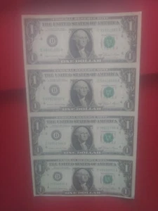 1981 $1 Uncut Sheet Cleveland D One Dollar Bill 4 Bills Note Currency - Picture 1 of 6