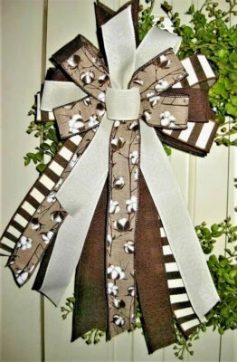 10 “ FALL COTTON FARMHOUSE BOW for DOOR WREATH GARLAND BASKET MAILBOX # 20 rb - Image 1 of 2