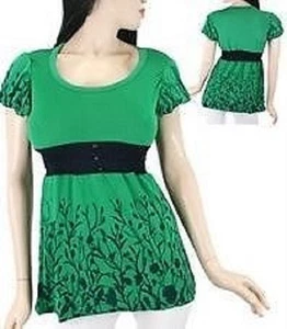 Green & Black Empire Waist Short Sleeve Top Tunic Junior Medium New With Tag - Picture 1 of 1