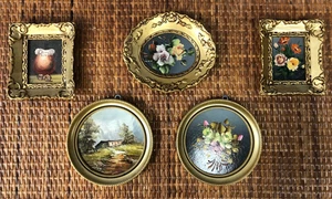 Lot of 5 Small Antique Like Golden Art Frames with Floral Paintings - Collage - Picture 1 of 11
