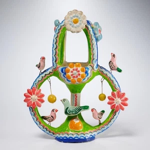 Mexican Folk Art Pottery Tree of Life Multicolored Birds Candle Holder Planter - Picture 1 of 7