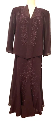 NUEVO CON ETIQUETAS 2 piezas Vestido R&M Richards Sin Mangas Cuentas Cuello en V 16 Berenjena Gasa Chaqueta Foto 1 de 4