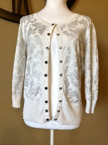 White House Black Market WHBM Cardigan Women’s Medium White w/Silver Floral - Picture 1 of 7