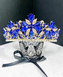 Blue Crystal Tiara, Bridal Wedding Crown, Gold Prom Tiara, Quinceanera Crown - Picture 1 of 9