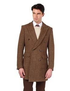 Men Double Breasted Wool Herringbone Long Overcoat Tailored Tweed Winter Jacket - Picture 1 of 13
