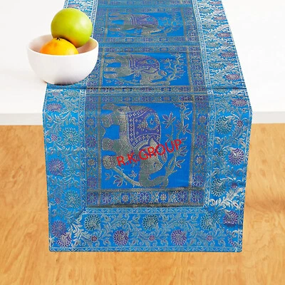 Handmade Silk BrocadeTurquoise Table Runner Kitchen Dining Tablecloth Home Decor - Image 1 of 4