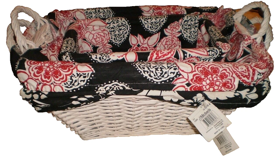 white willow wicker basket with floral liner 3 piece - Image 1 of 4