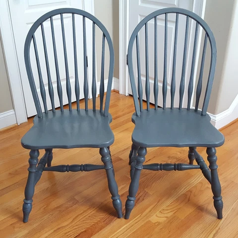 Vintage Pair Temple Stuart Oak Hill Collection Windsor Chairs Painted Blue Gray Cover