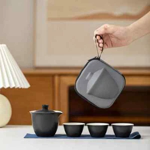 Portable Ceramic Kung Fu Tea Set Travel Camping Gift 1 Pot 3 Cups Gaiwan Teaware - Picture 1 of 10