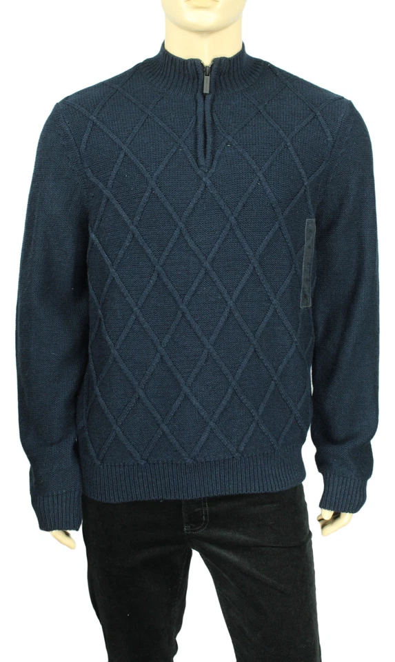 NEW PERRY ELLIS HALF ZIP WOOL BLEND BLUE ARGYLE PULLOVER SWEATER XL $89 - Image 1 of 3