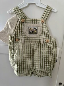 Vintage BT Kids Shortall Overalls 3-6 Mths Kitty Puppy Tan Plaid Gingham W/ Hat - Picture 1 of 6
