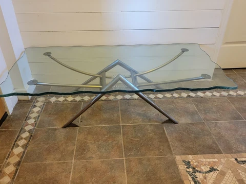 Contemporary Modern Gunmetal Scalloped Edge Glass Coffee Table Memphis Style 80s Cover
