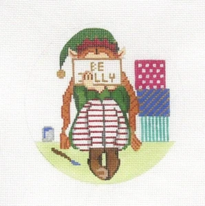 Gayla Elliott Xmas Elf Stitching Girl Ornament Handpainted Needlepoint Canvas - Picture 1 of 1