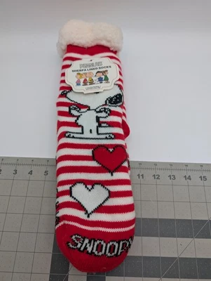Peanuts Snoopy Sherpa Lined Socks Hearts Red Stripe One Size Fits Most - Image 1 of 4