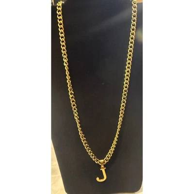 Initial J Pendant Necklace 18K Gold Plated Cuban Chain Men's Jewelry - Image 1 of 4