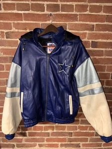 Rare Dallas Cowboys Faux Leather Hooded Jacket NFL Blue White Silver XL Retro  - Picture 1 of 20