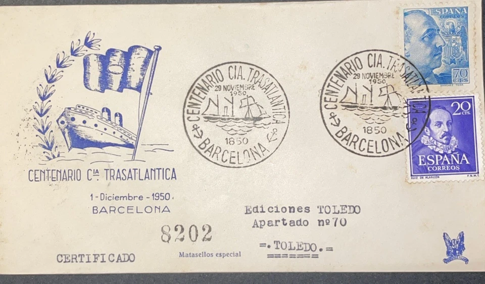 CENTENARIO COMPAÑIA TRANSATLÁNTICA certificado matasello especial - Imagen 1 de 1
