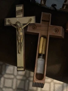 Vintage Krankenruf Kruzifix aus Holz letzte Riten mit Kerzen Weihwasser - Bild 1 von 3