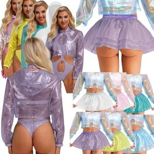 Damen Langarm Kapuze Transparent Cropped Tops Glitzer Mode für Party Club - Bild 1 von 132
