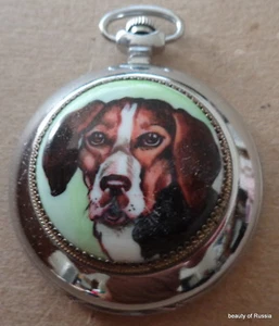 Enameled handpainted RUSSIAN POCKET WATCH DOG Hound whippet - Picture 1 of 3