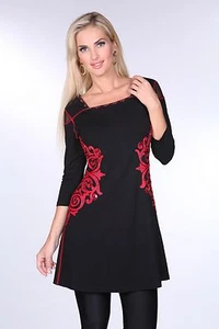 Women's Dress Black Red Krista Lee Isabell Embroidery Beaded Spandex Square Neck - Picture 1 of 8