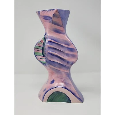 MCM Morris Rushton Fleshpots Stoke On Trent Cubist Blue Pink Green Vase - Image 1 of 4