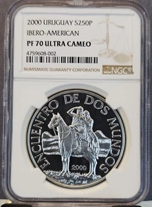 2000 URUGUAY SILVER 250 PESOS IBERO AMERICAN NGC PF 70 ULTRA CAMEO RARE POP 1 - Picture 1 of 3