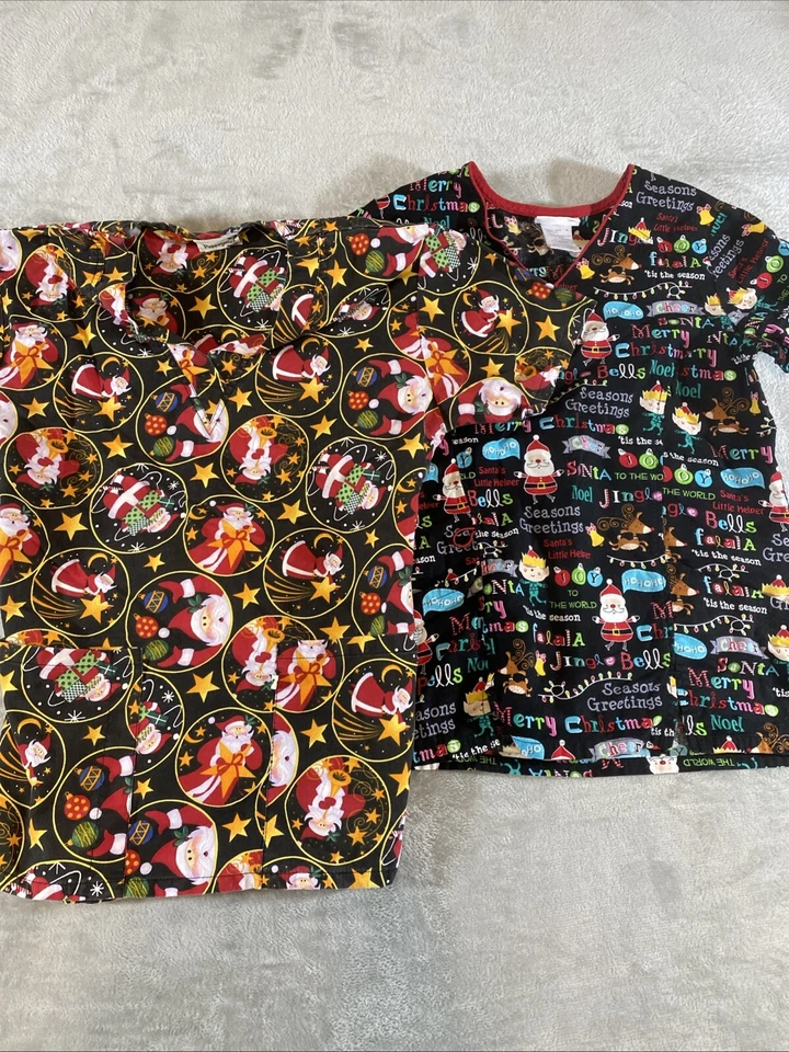 Lot of 2 Christmas Womens Scrub Tops Sz XS & S Santa Elves Scrubs - Image 1 of 4