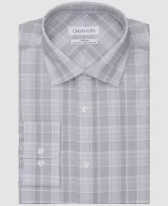 $80 Calvin Klein Mens Regular-Fit Gray Plaid Stretch Dress Shirt Size 17 34/35 - Picture 1 of 1