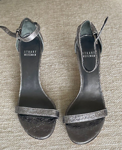 Stuart Weitzman-NWOB-silver foil-ankle strap -heeled sandal style shoes size 6M